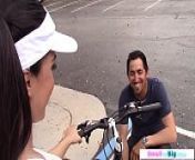 Busty petite teen cyclist rides big cock from bikes sex