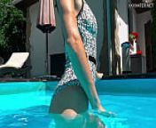 Beautiful blonde Zazie Skymm swims nude from family swimming pool nude
