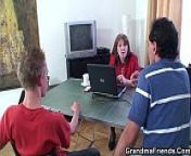Granny and boys teen threesome in the office from lady boys