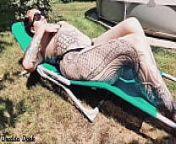 Tattooed horny brunette with big boobs sunbathing in the yard and rubbing sunscreen on her tits from camper rubs sunscreen on entire nude body outside