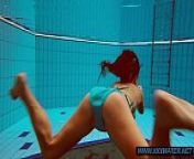 Hairy pussy teen Deniska in the pool from nudist boy in water