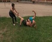 Real mixed wrestling - 1 male bodybuilder vs 2 fitness girl from mixed wrestling and lifting