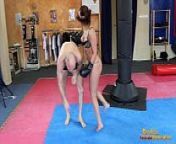 Angel Rivas loser through the gym in boxing gloves from slave girl beatings