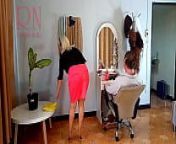 Nudist barbershop. Nude lady hairdresser in an apron. Security camera. The client is surprised. Short 1 from bj 파이 nude