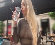 Drinking coffee in transparent top cafe on street terrasse. The waiter was surprised. Flashing boobs in public. from shubra aiyappa nude fu