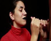 CFNM - Red turtleneck, Black lips - Handjob Cum mouthful Cum on clothes from cfnm smiling