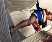 Busty mature Red XXX fucks her dildo on the stairs from masturbation at rail