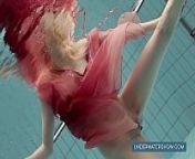 Katya Okuneva in red dress pool girl from and sexy in swimming pool
