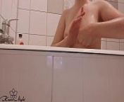 Horny Babe Foam Washes and Jerks Pussy with Wash Sponge in the Bath from washing and