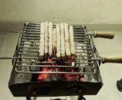 Daddy grills pork souvlaki and gets juicy meat from grills sexrinal kulkarni