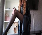 GIRL IN A LEATHER COAT AND BLACK PANTYHOSE UNDRESSES AND MASTURBATES VIRGIN PUSSY from striptease girl