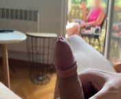 My husband is jerking off and cum in front of my mom a while we talk on balcony from masturbating with family outside of bathroom door
