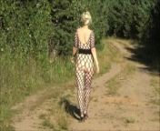 Lady in bodystocking on outdoor from ass walking