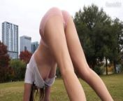 Busty girl doing yoga workout in park no bra boobs out sheer shorts, can see pussy - Cosmic Kitti from xxxx vidi